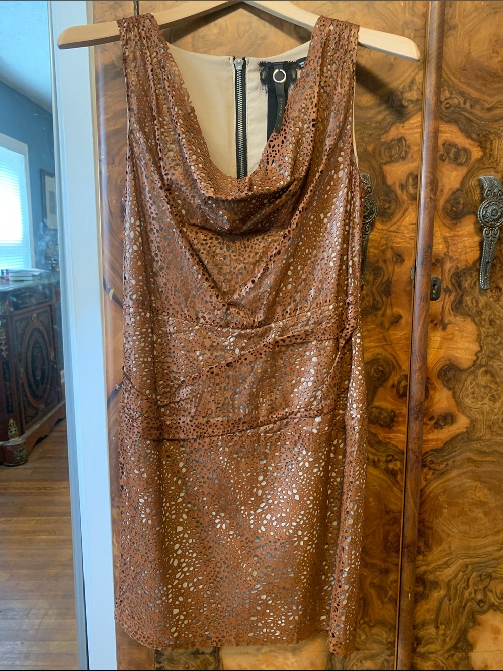Poleci Leather perforated Copper Brandy Mini Dress with Cowl Neck